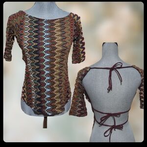 Vintage "Shameless" Open Backless Tie-Back Top Earth Tone Short Sleeve  Size S